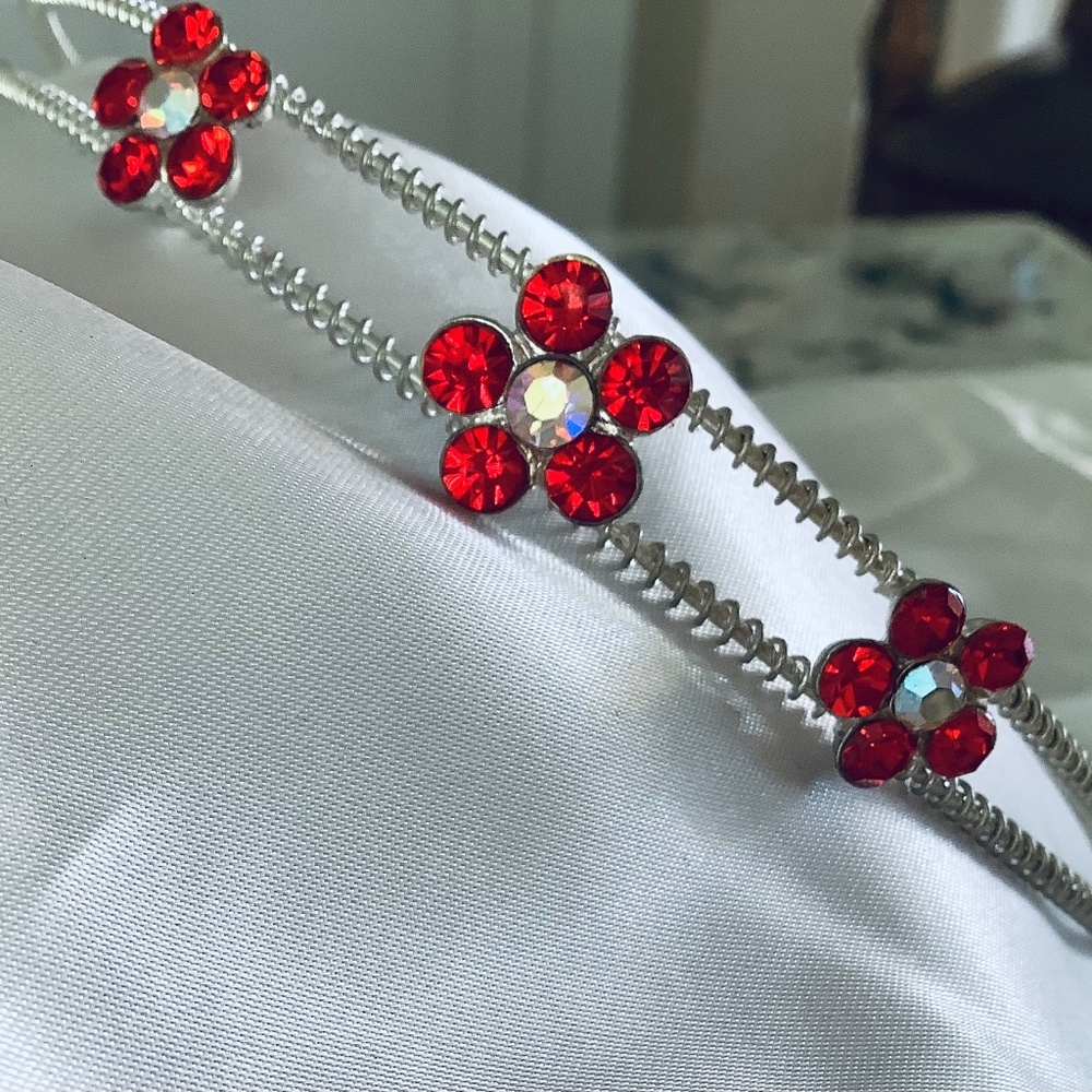 Elegant 3 Red Crystal Flowers & Silver Rhinestone Headband
